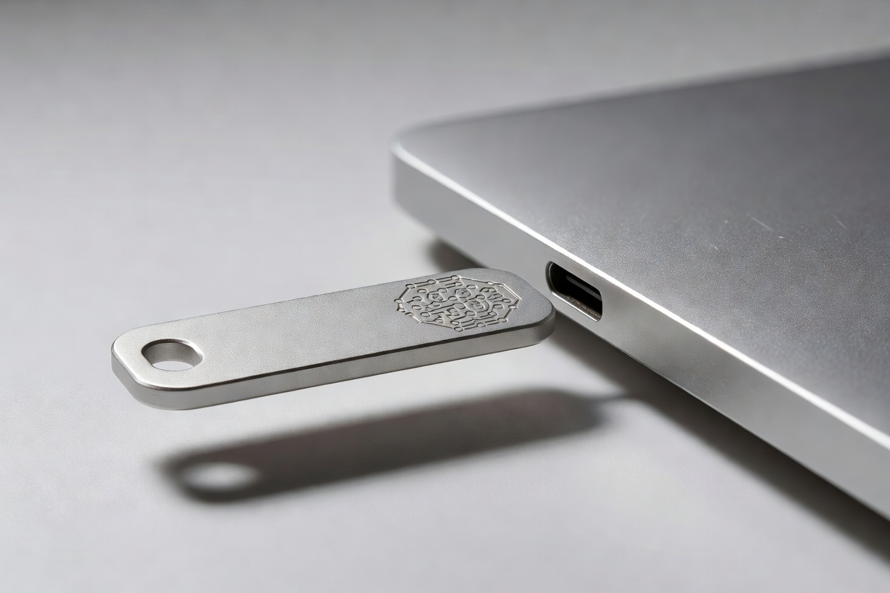 Close-up of an unbranded physical security key beside a laptop port