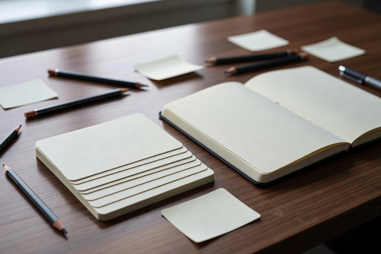 Close-up of unbranded planning cards arranged beside a notebook on a worktable