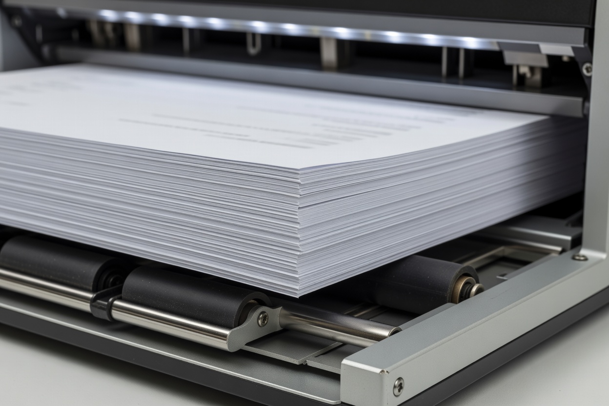 Close-up of paper edges feeding into an unbranded document scanner