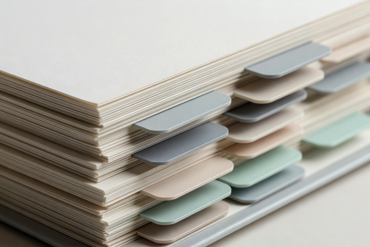 Close-up of tabbed reference pages and organised document edges