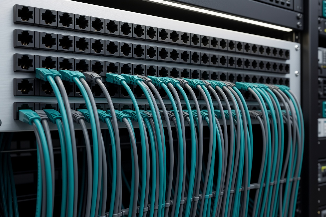 Close-up of unbranded network connectors and neatly routed cables